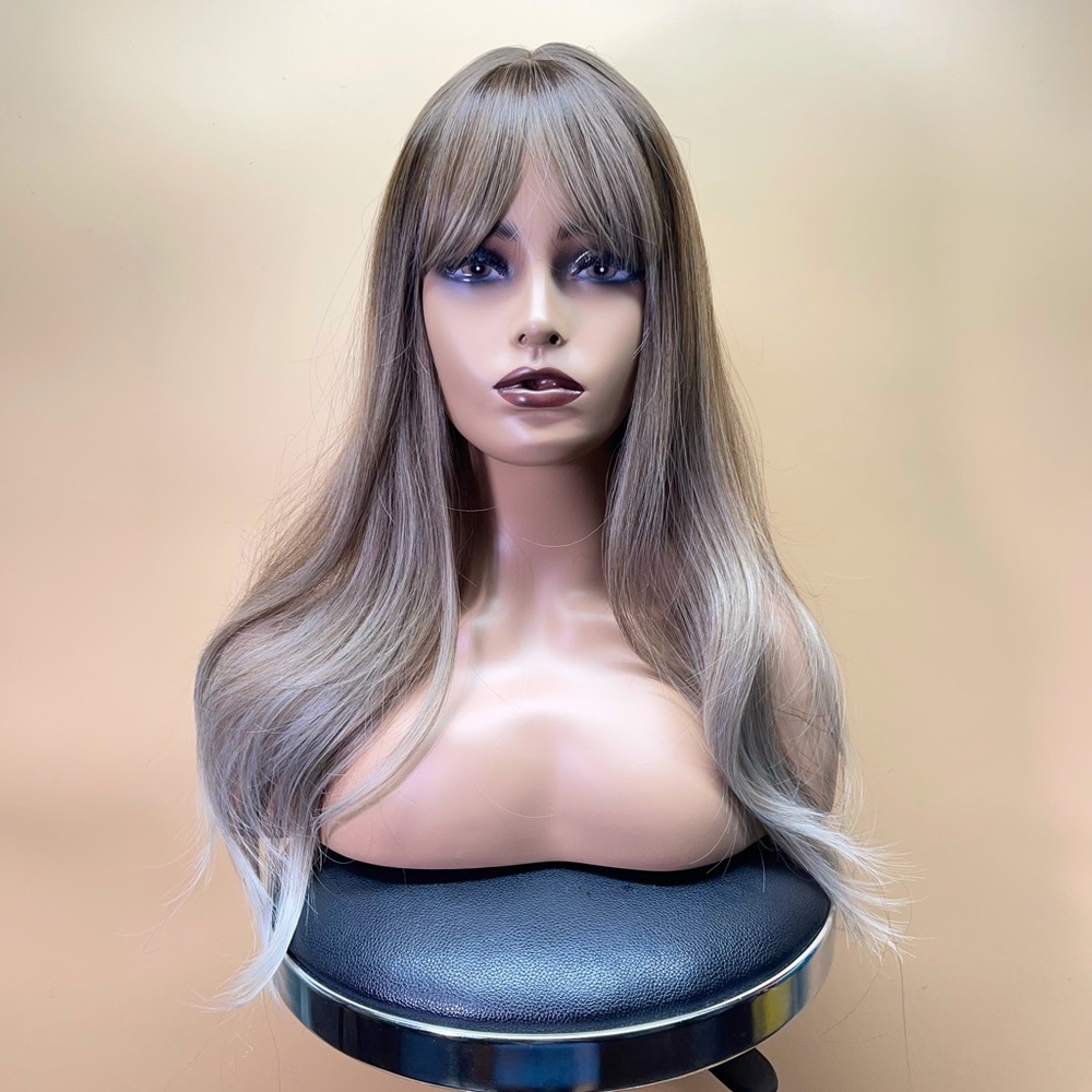 6019/ 24” Long Brown/Ash Gray Wavy Bangs Synthetic Wig